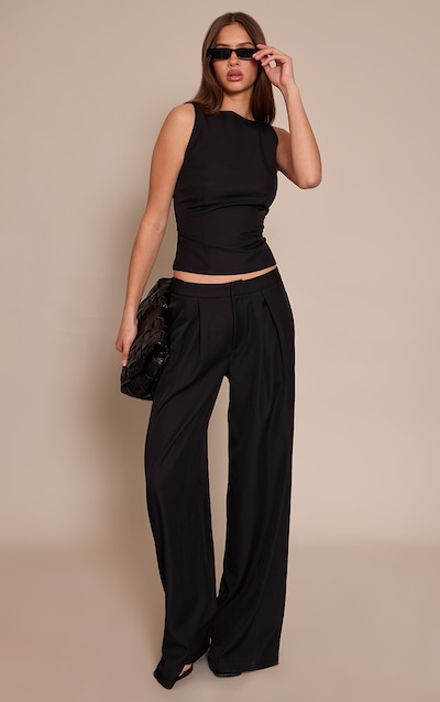 Black Woven Tailored Mid Rise Wide Leg Pants