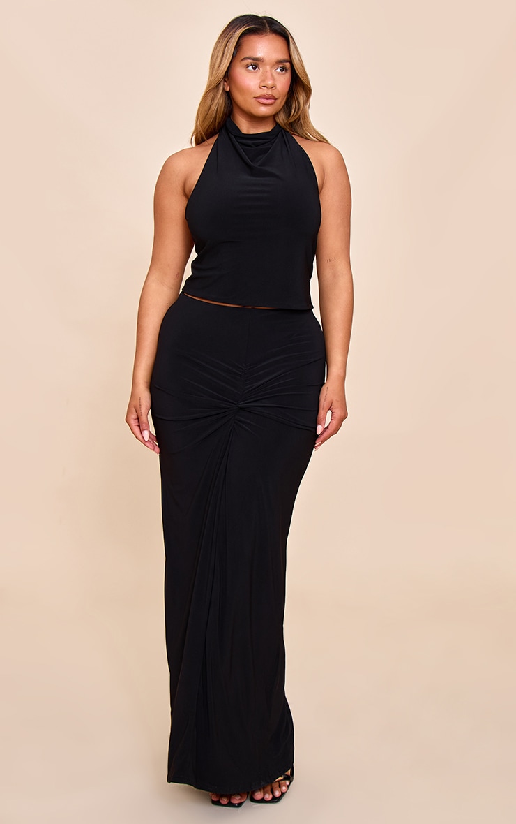 Shape Black Halter Neck Tie Back Gold Trim Cowl Top image 3