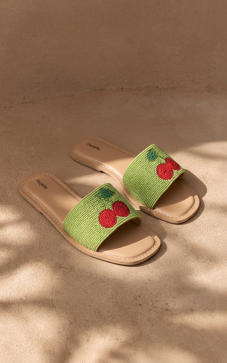 Green Cherry Embellished Mule Flat Sandals