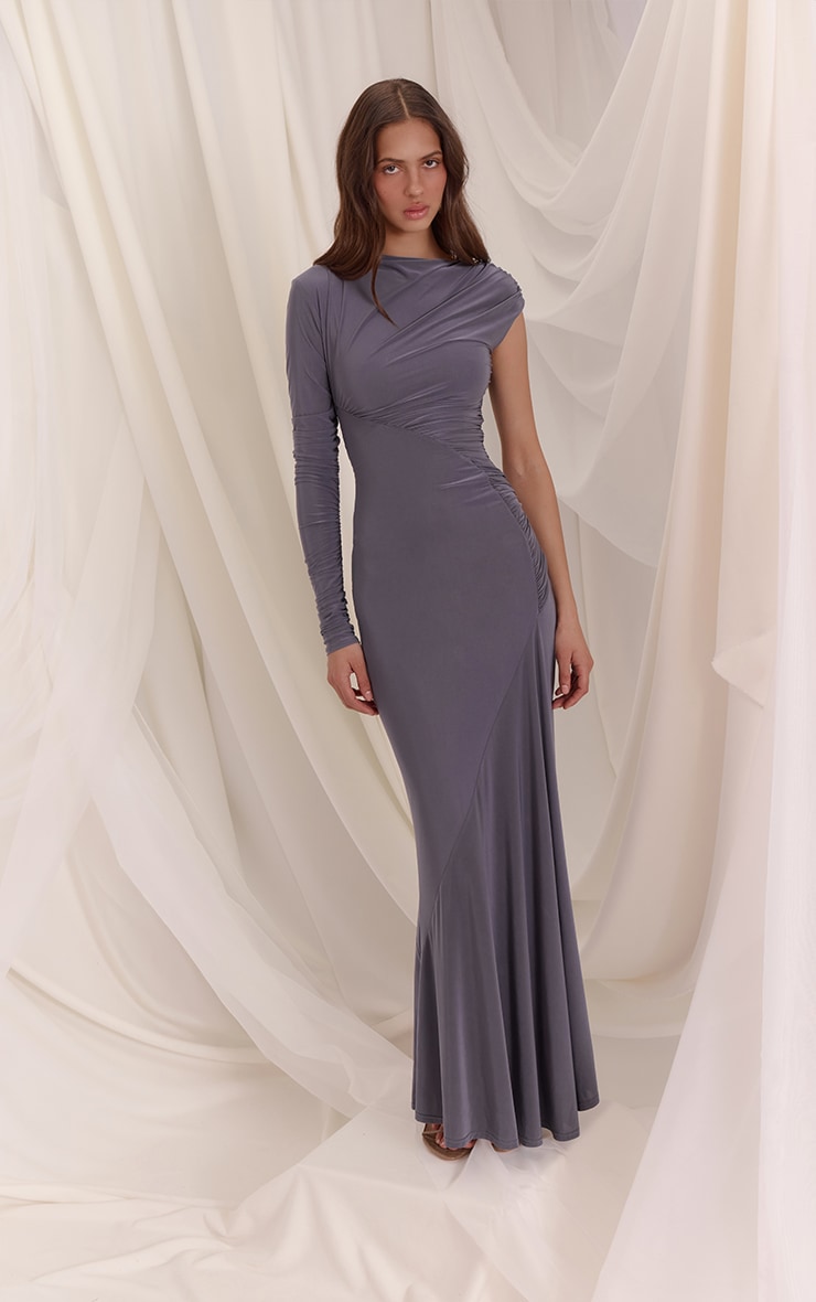 Slate Grey Slinky Ruched Seam Asymmetric Maxi Dress image 3