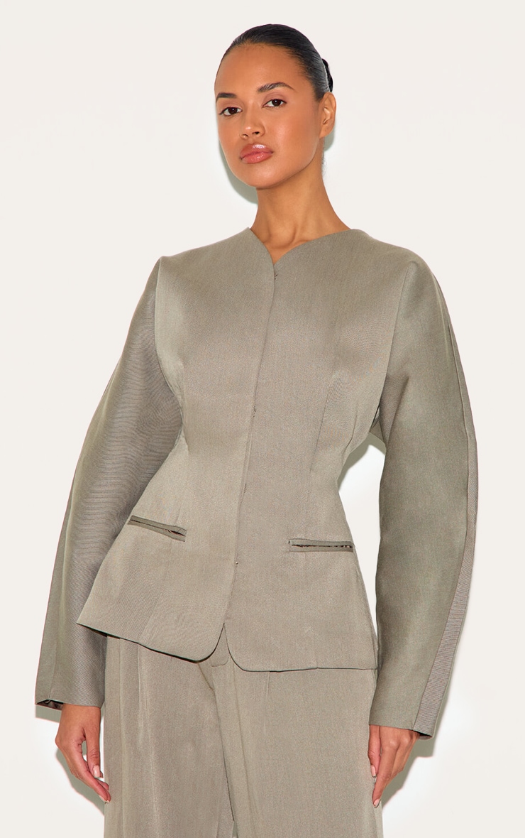 Light Grey Premium Woven Tailored Collarless Blazer image 7