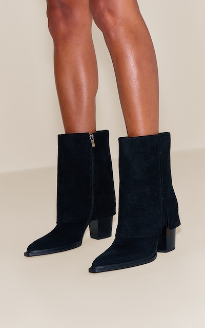 Black Faux Suede Zip Up Heeled Ankle Cowboy Boot