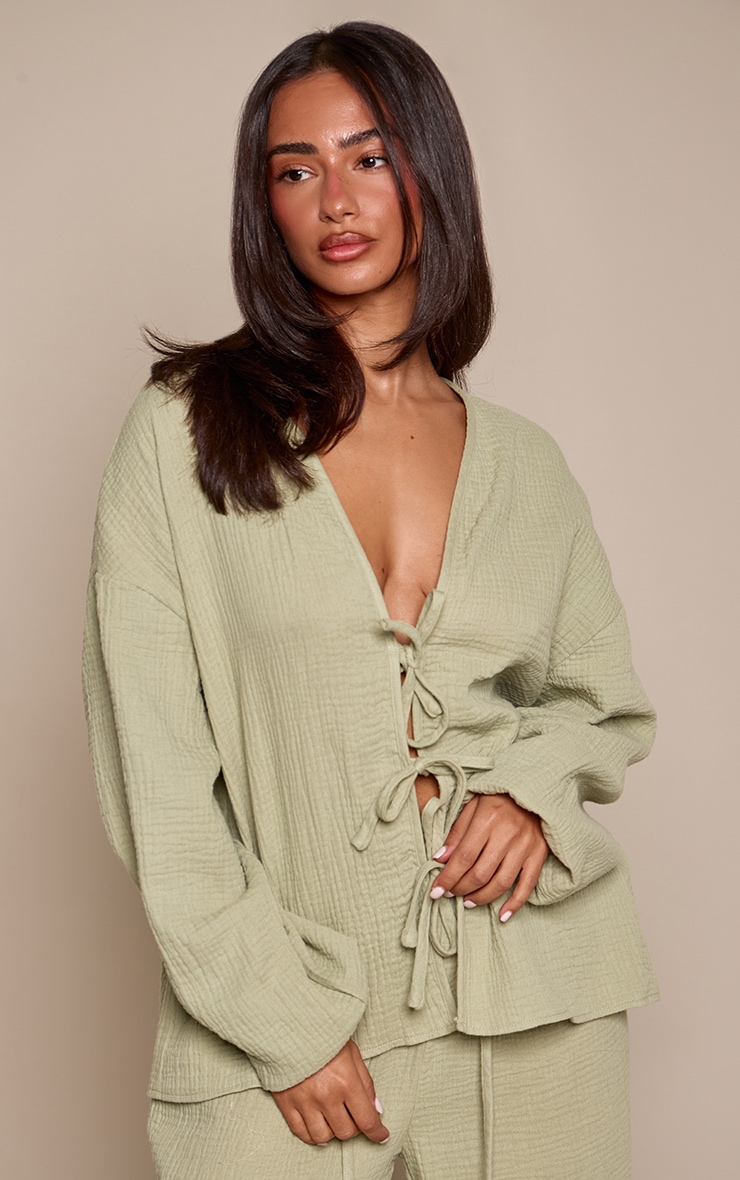 Petite Sage Cheesecloth Textured Tie Front Shirt