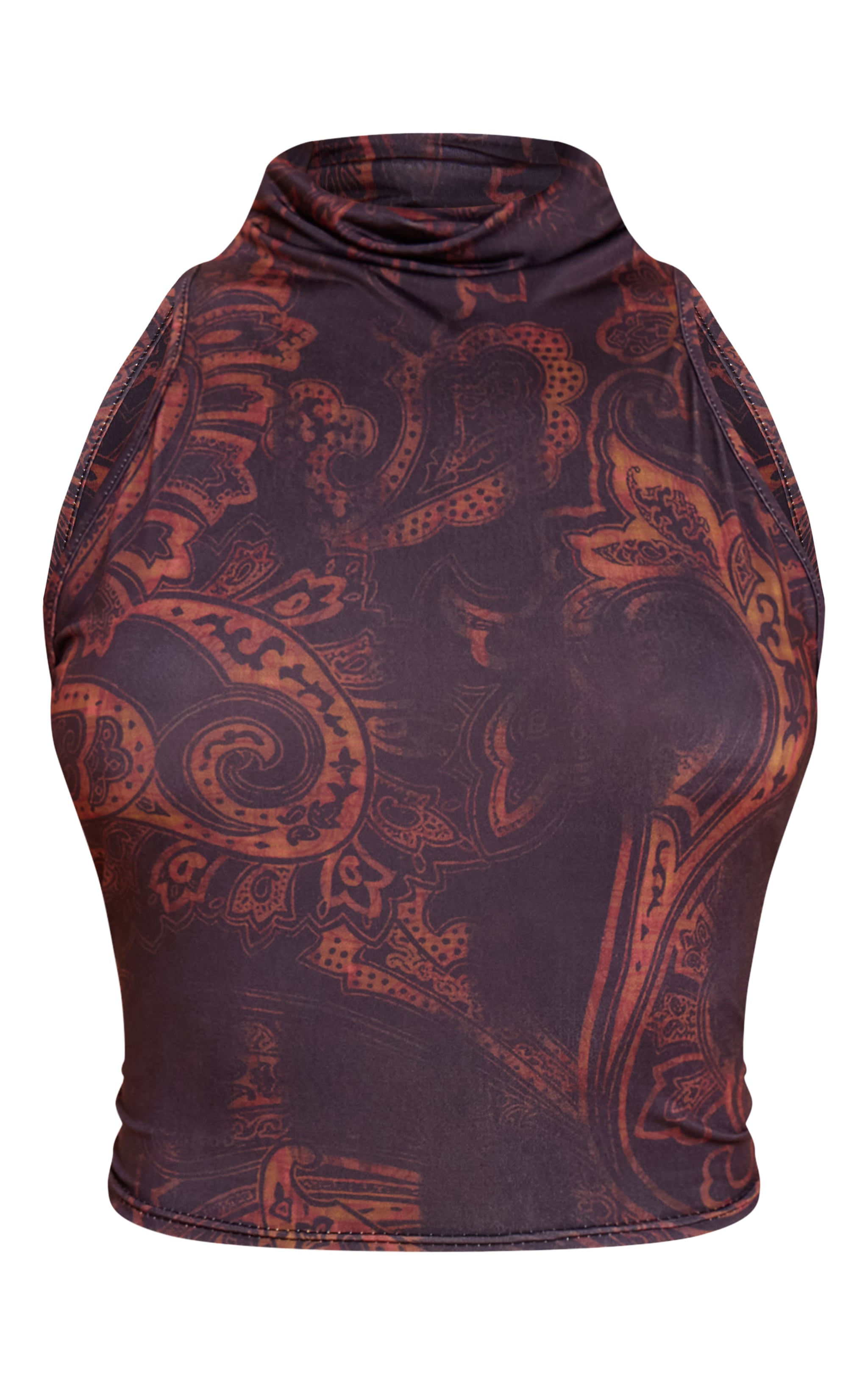 Dark Brown Paisley Print Slinky Funnel Neck Crop Top image 5
