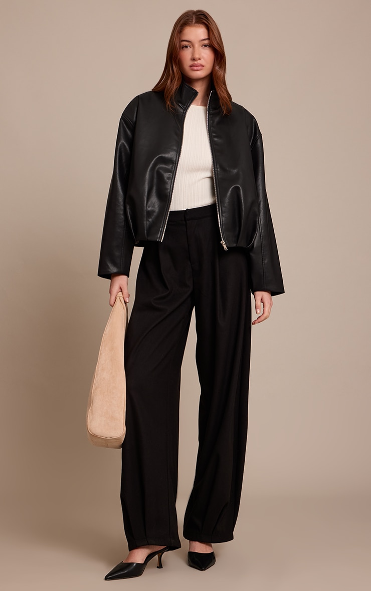 Black Faux Leather Funnel Neck Gathered Back Bomber Jacket  image 3