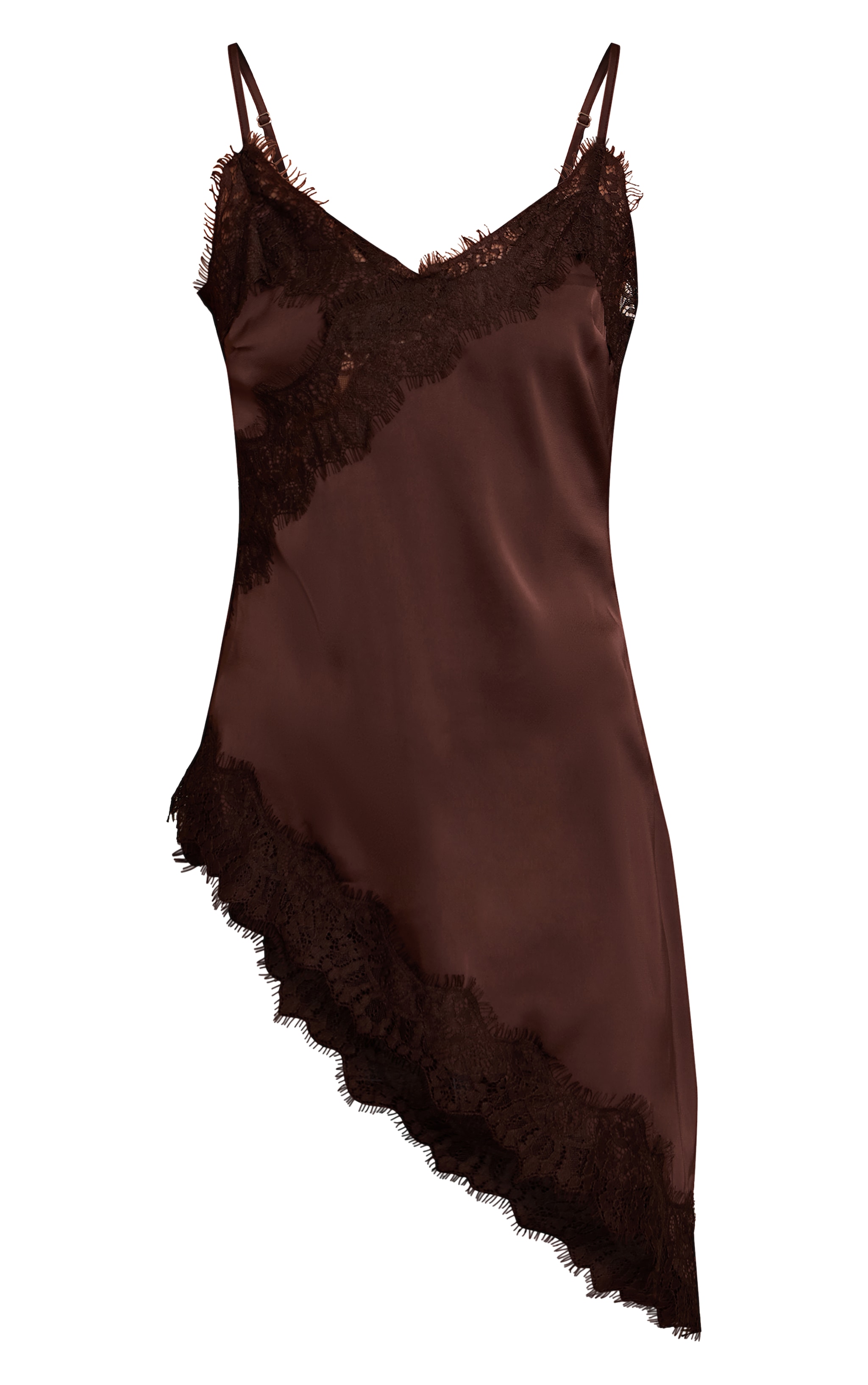 Chocolate Satin Lace Detail Asymmetric Long Top image 5