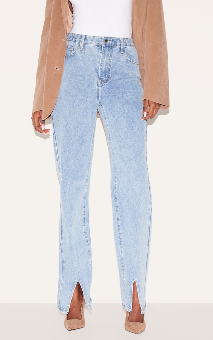 Light Blue Wash Front Split Long Leg Straight Jeans image 2