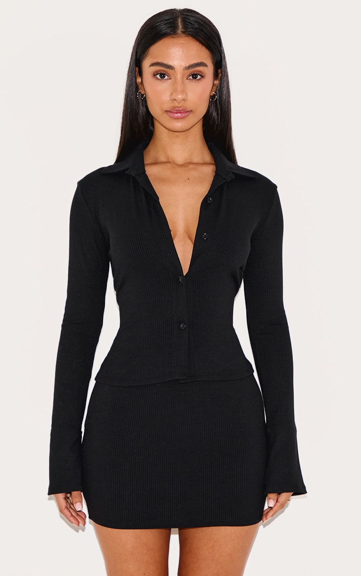 Petite Black Ribbed Long Sleeve Button Up Shirt image 1