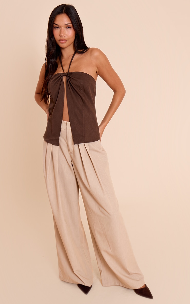 Chocolate Woven Spilt Detail Halterneck Top image 3