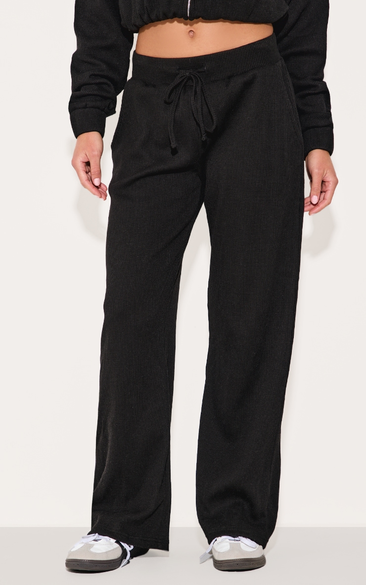 Black Waffle Detail Wide Leg Pants image 2