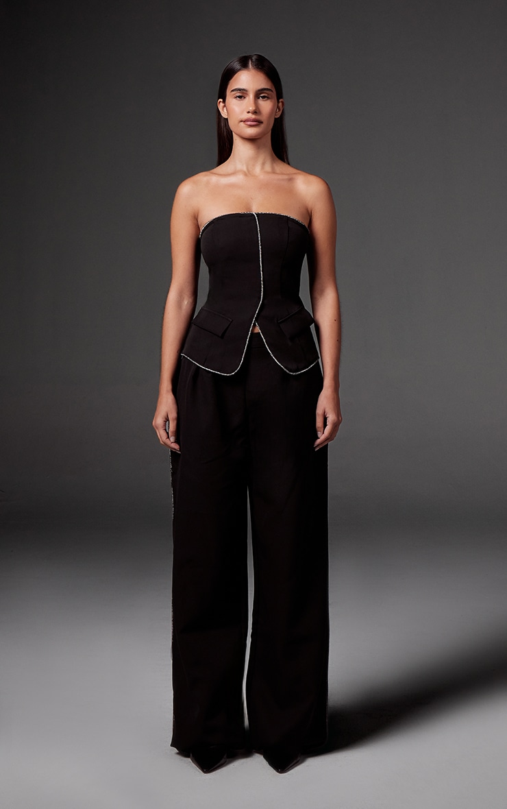  Black Woven Tailored Diamante Trim Wide Leg Pleated Trousers image 2