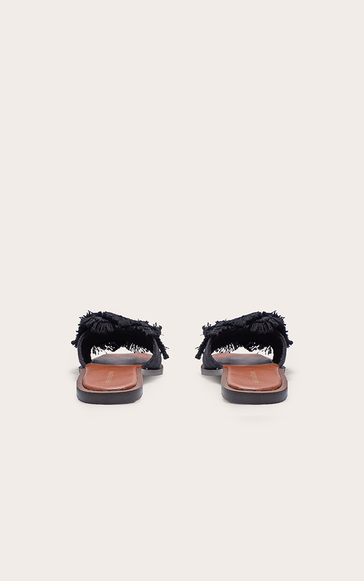 Black Linen Round Toe Flower Strap Mule Sandals image 3
