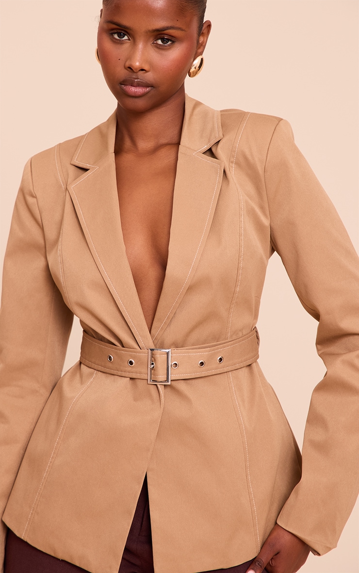 Beige Tie Waist Contrast Stitch Blazer image 4