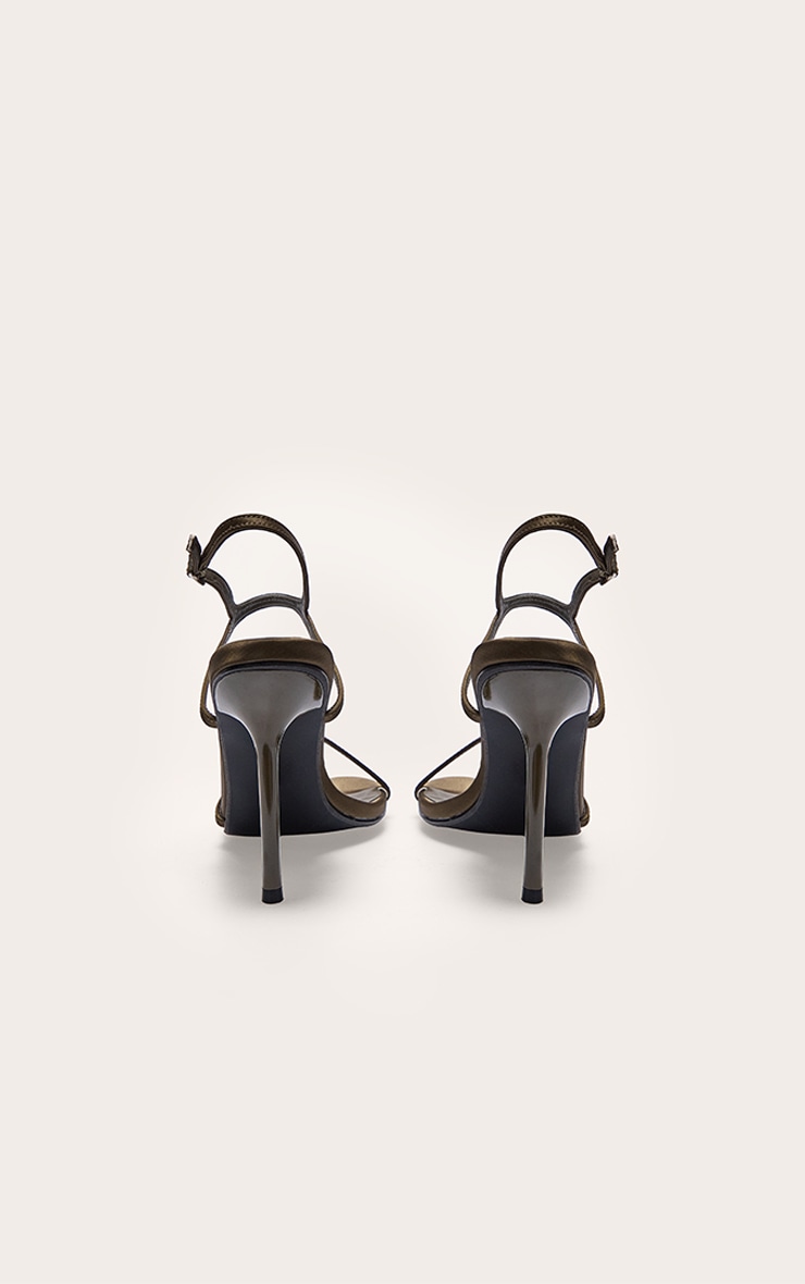 Olive Satin Round Toe Asymmetric Strap High Stiletto Heeled Sandals image 3