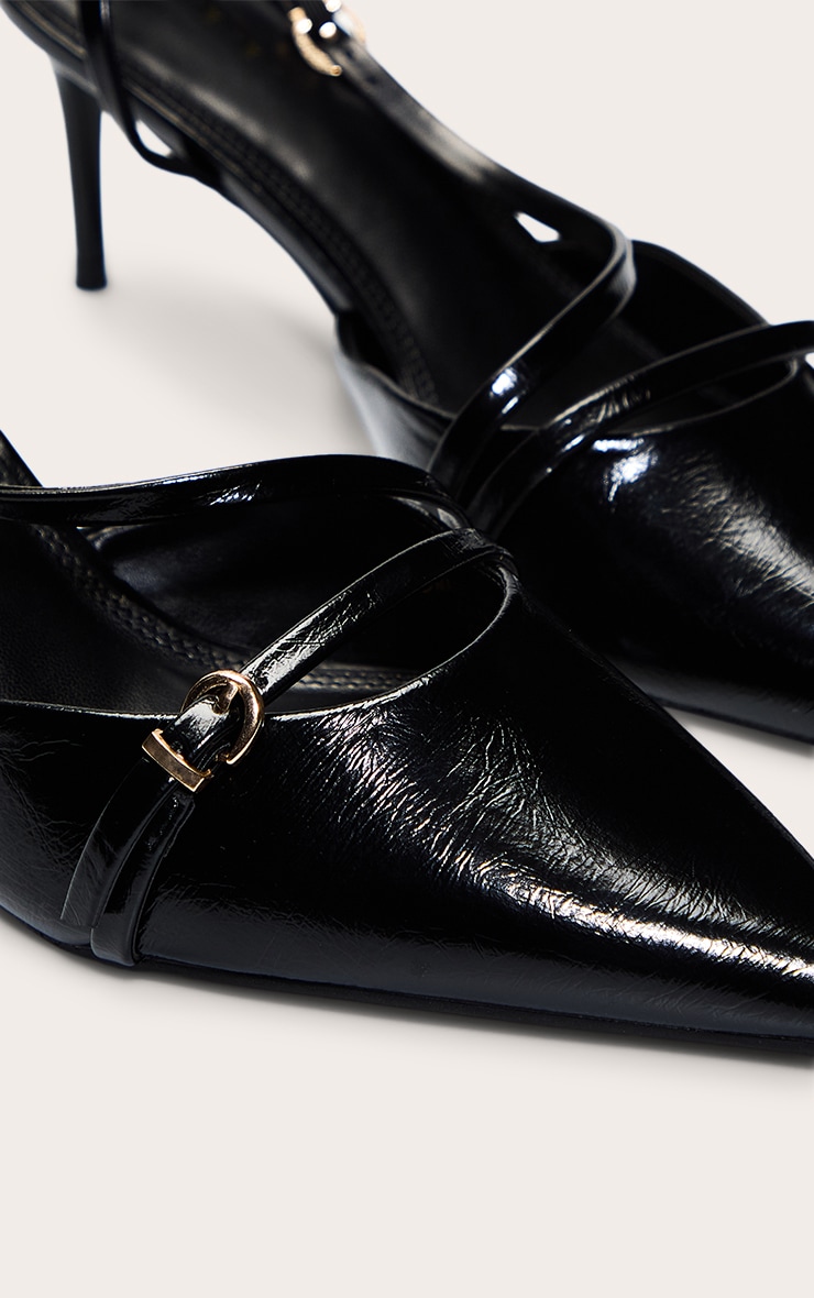 Black Crinkle Point Toe Buckle Detail Low Heel Courts image 5