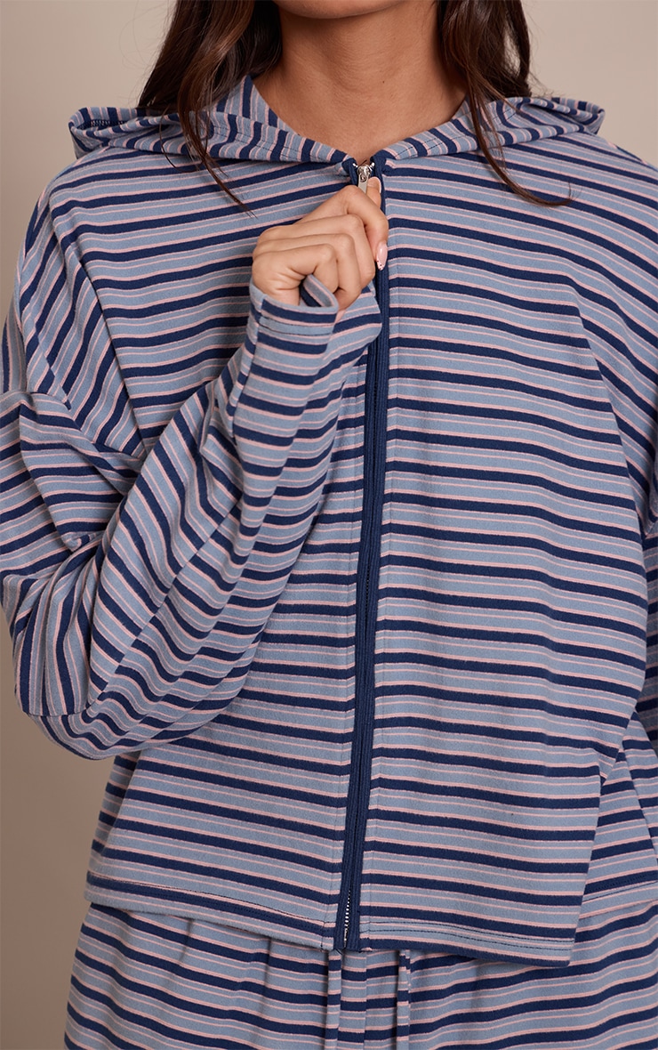Navy Striped Soft Fleece Zip Up Hoodie image 4