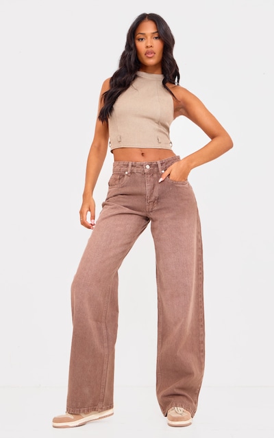 Tall Washed Brown Mid Rise Wide Leg Jeans