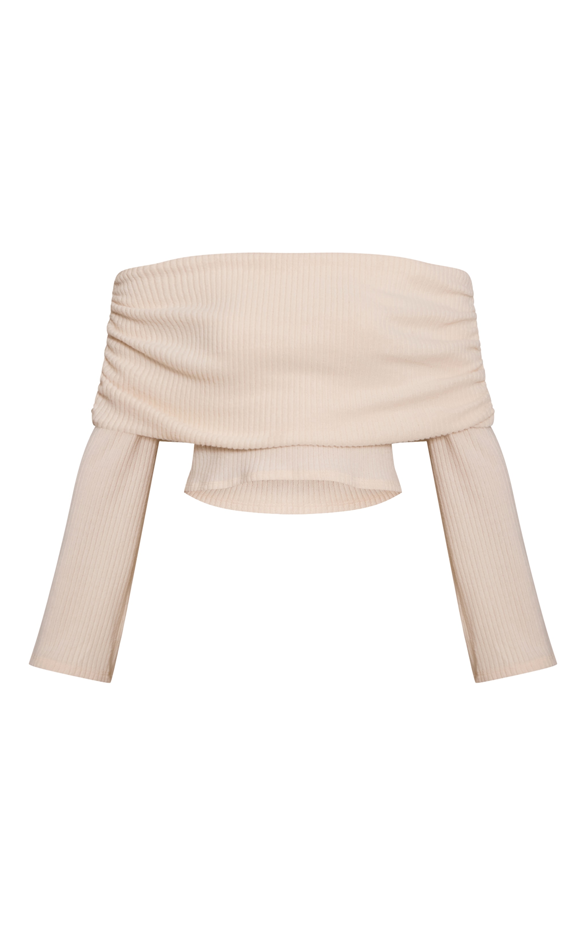 Cream Soft Rib Ruched Bardot Fold Over Top  image 5