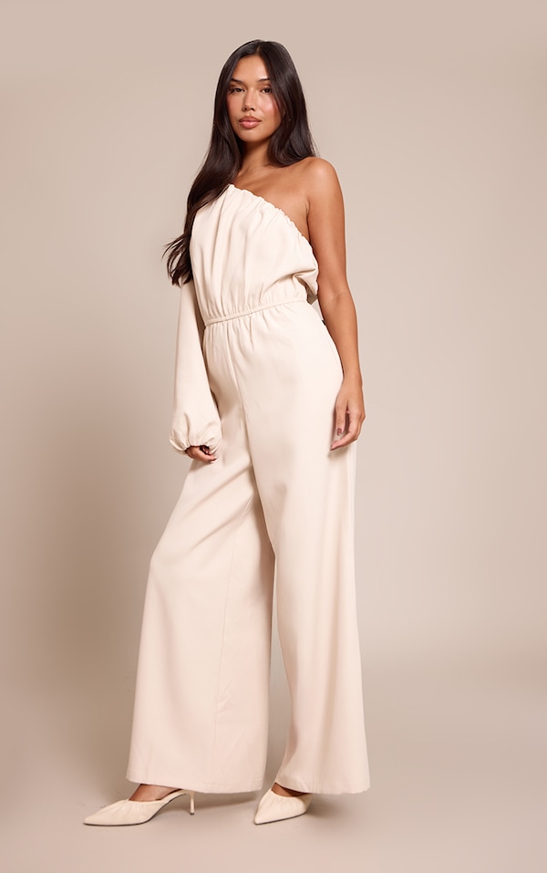 Cream Woven Aysmetric Sintched Waist Jumpsuit