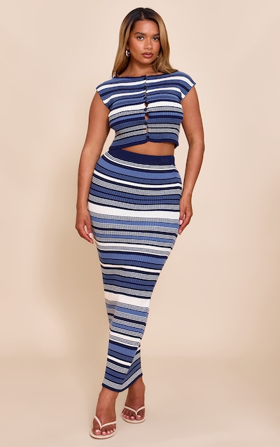 Shape Navy Knitted Stripped Maxi Skirt