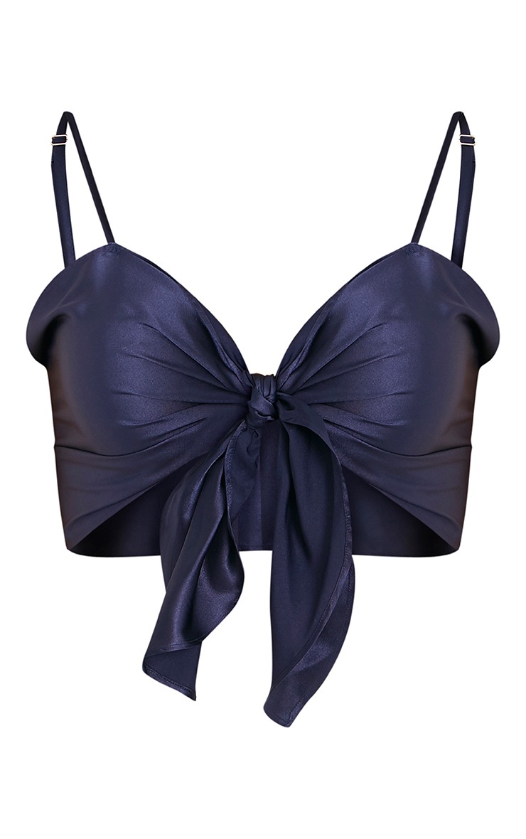 Chrissy Navy Satin Bow Tie Crop Top Tops PrettyLittleThing