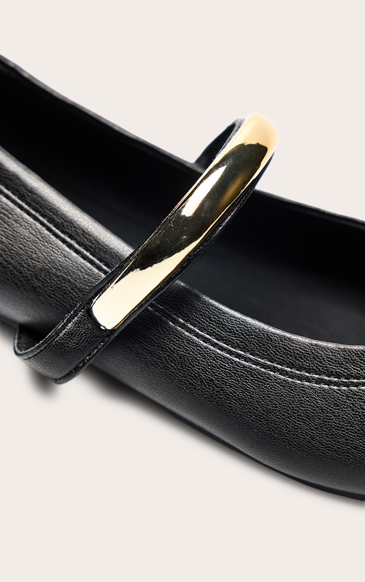Black Soft PU Gold Strap Square Toe Ballet Flats image 5