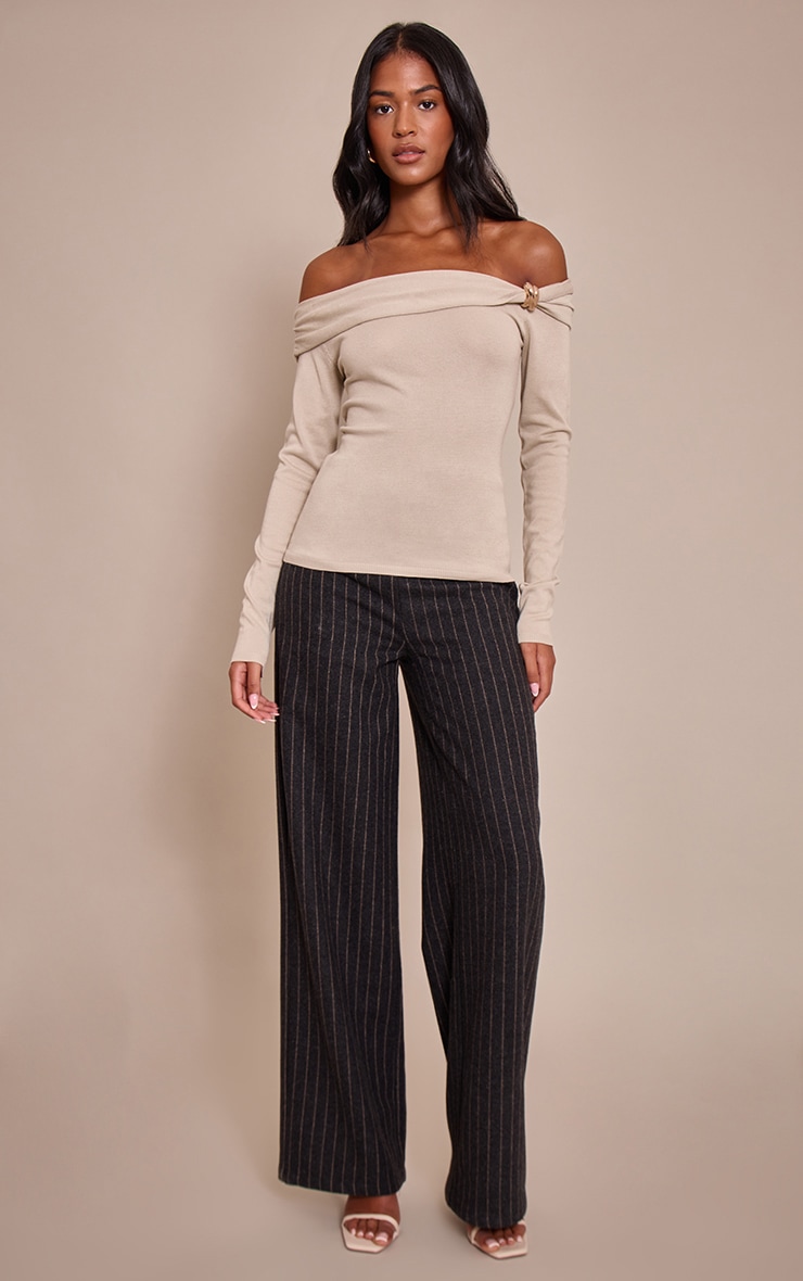 Tall Oatmeal Long Sleeve Twist Shoulder Detail Knitted Top image 3