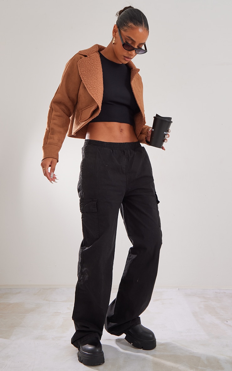 Camel Faux Suede Borg Lined Cropped Jacket image 3