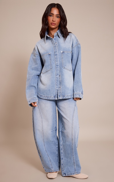 Petite Mid Blue Seam Detail Barrel Jeans