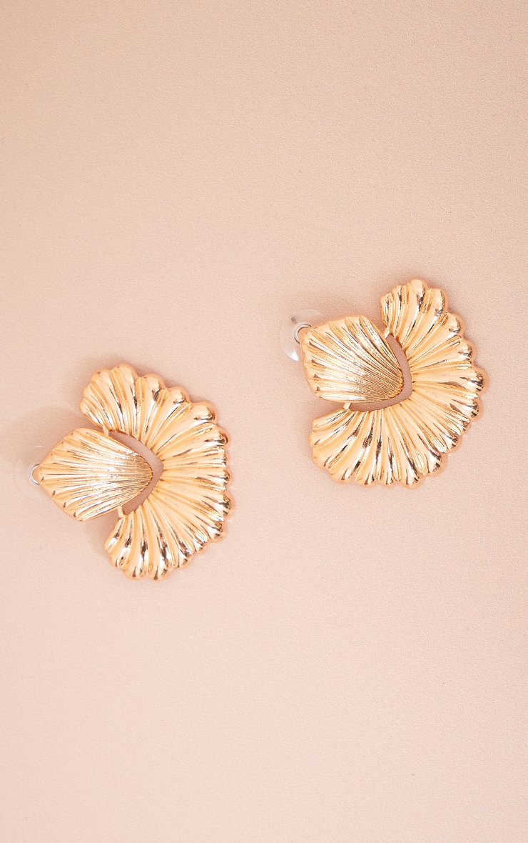 Gold Ribbed Flower Stud Statement Earrings image 2