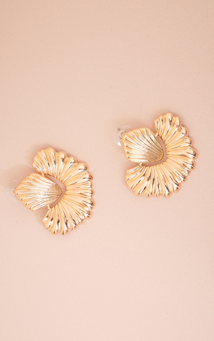 Gold Ribbed Flower Stud Statement Earrings image 2