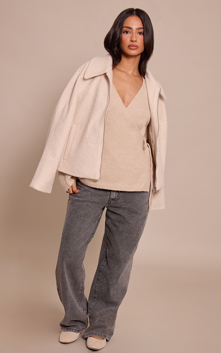 Petite Oatmeal Wrap Tie Side Knitted Sweater image 3