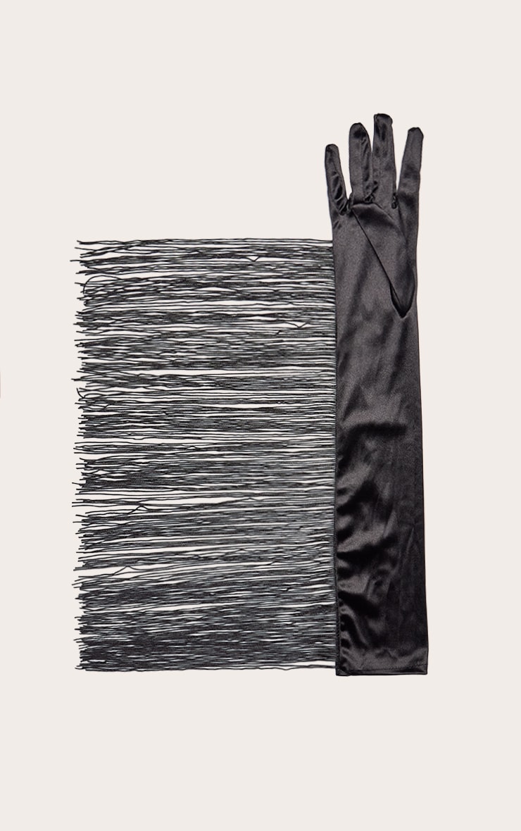 Black Satin Fringe Detail Long Gloves image 2