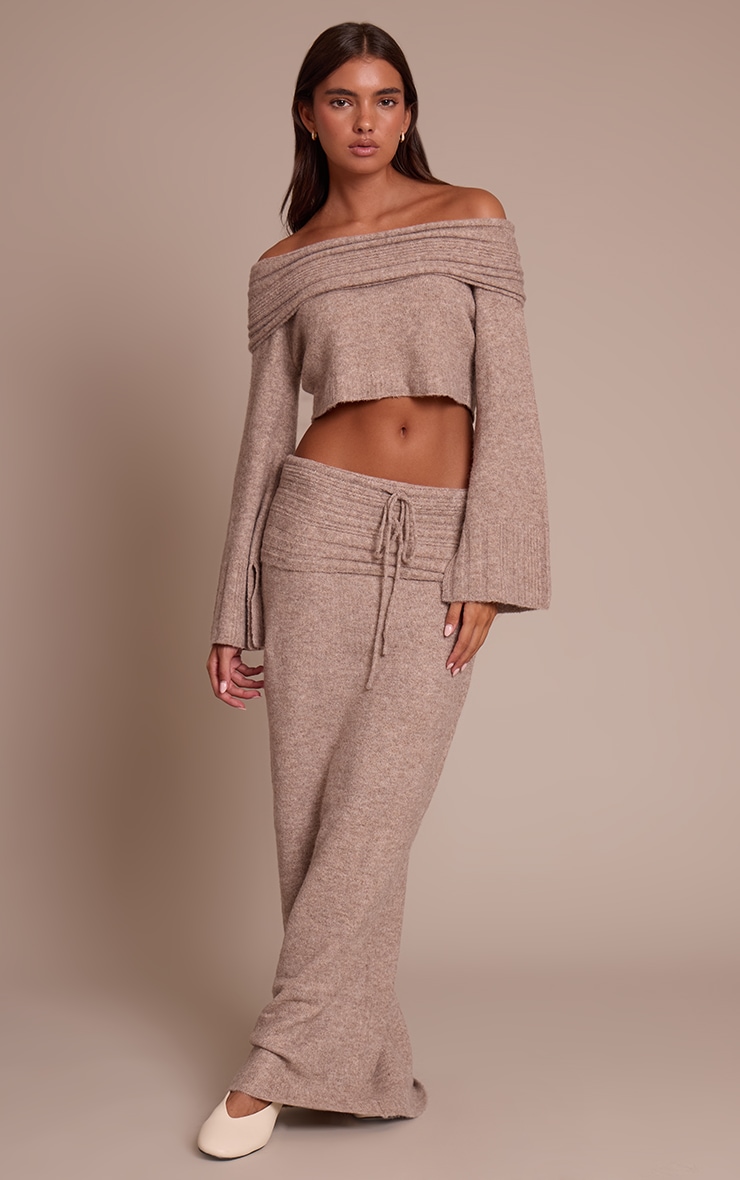 Jupe longue en maille tricot douce côtelée café au lait à taille repliée image 1