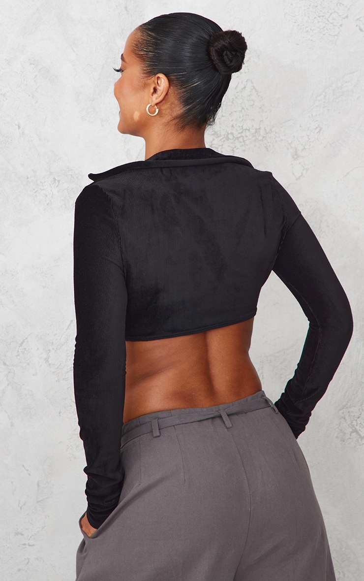Black Velour Rib Twist Front Crop Top image 2