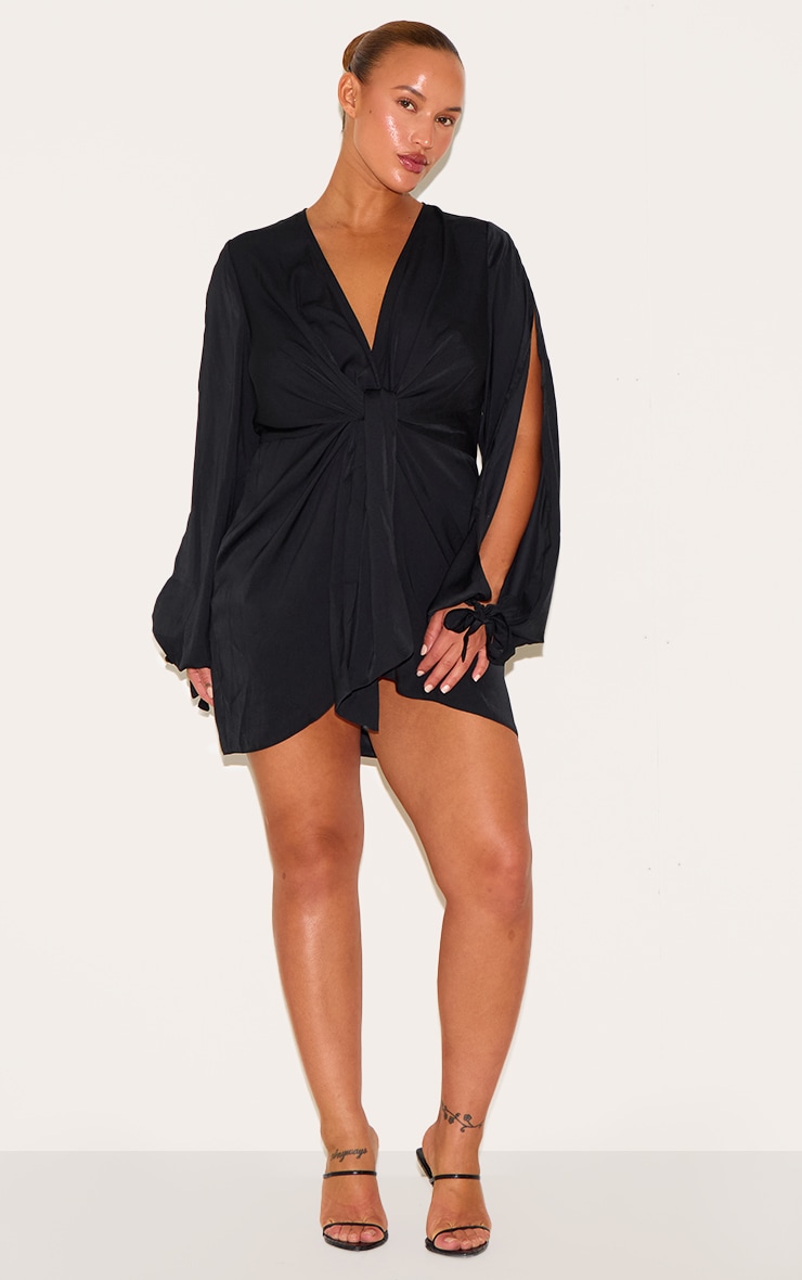 Plus Black Satin Twist Front Open Sleeve Wrap Dress image 3