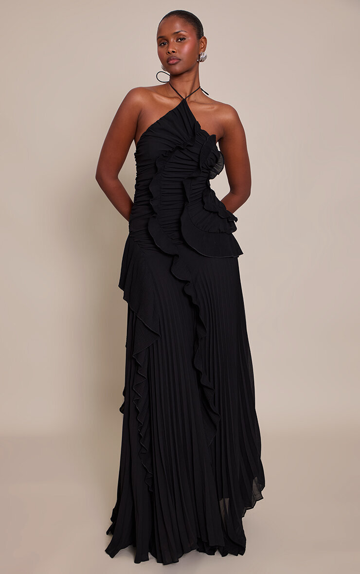 Black Pleated Frill Halterneck Maxi Dress