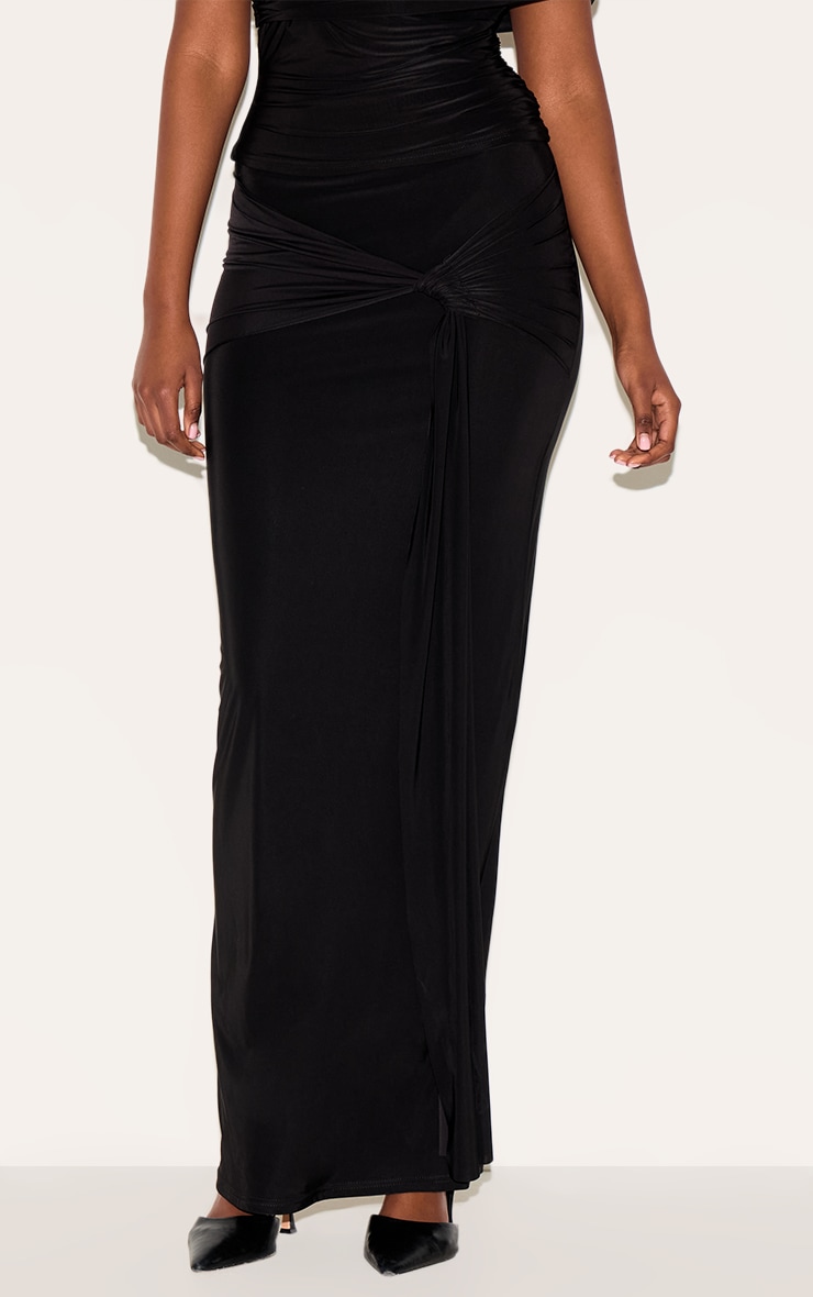 Black Double Layer Slinky Ruched Drape Maxi Skirt image 2