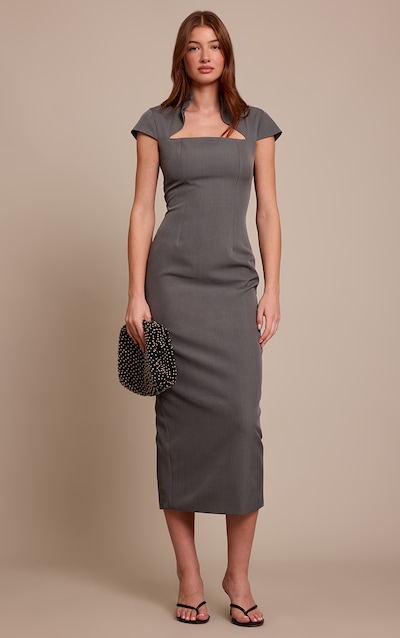 Robe mi-longue tissée gris anthracite à manches courtes