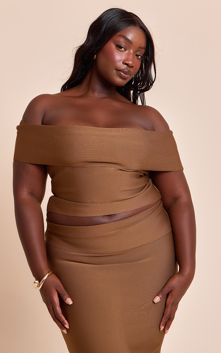 Plus Deep Chocolate Tailored Bandage Knit Fold Over Maxi Skirt image 4