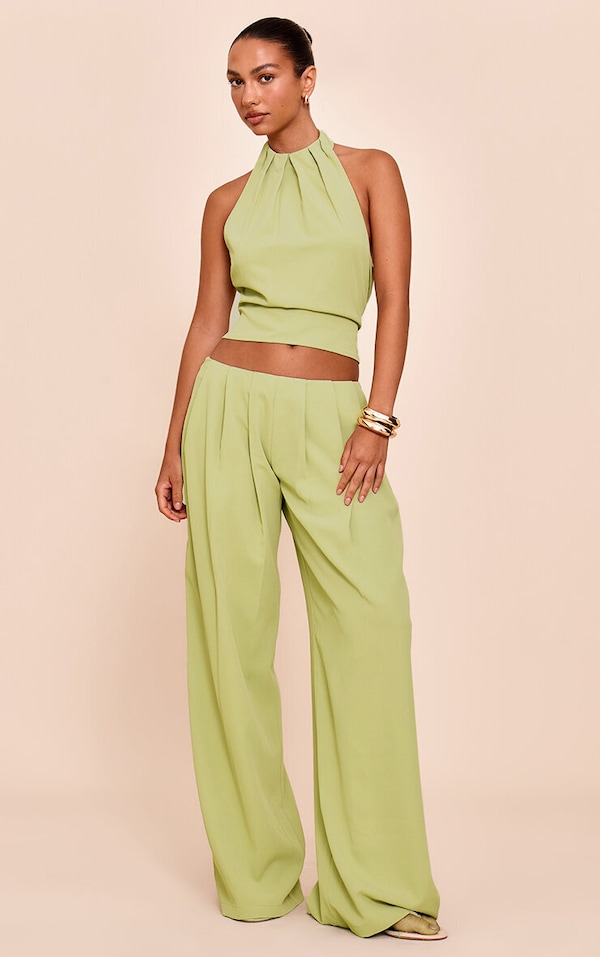 Pale Lime Woven Pleated Low Rise Wide Leg Pants