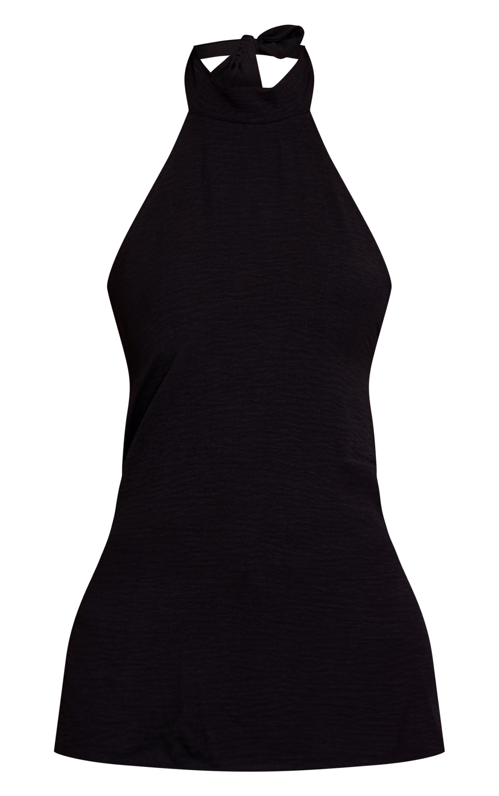 Black Woven High Neck Tie Back Detail Long Top image 5