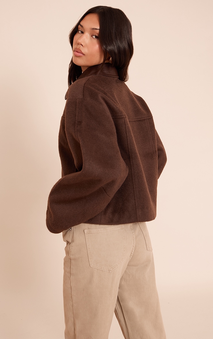 Chocoalate PU Collar Zip Up Jacket image 2