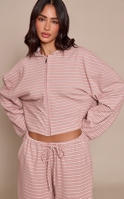 Petite Pink Striped Soft Fleece Zip Up Jacket