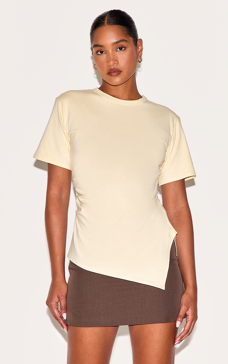 Butter Yellow Cotton Ruched Side Asymmetric Hem T-shirt image 1