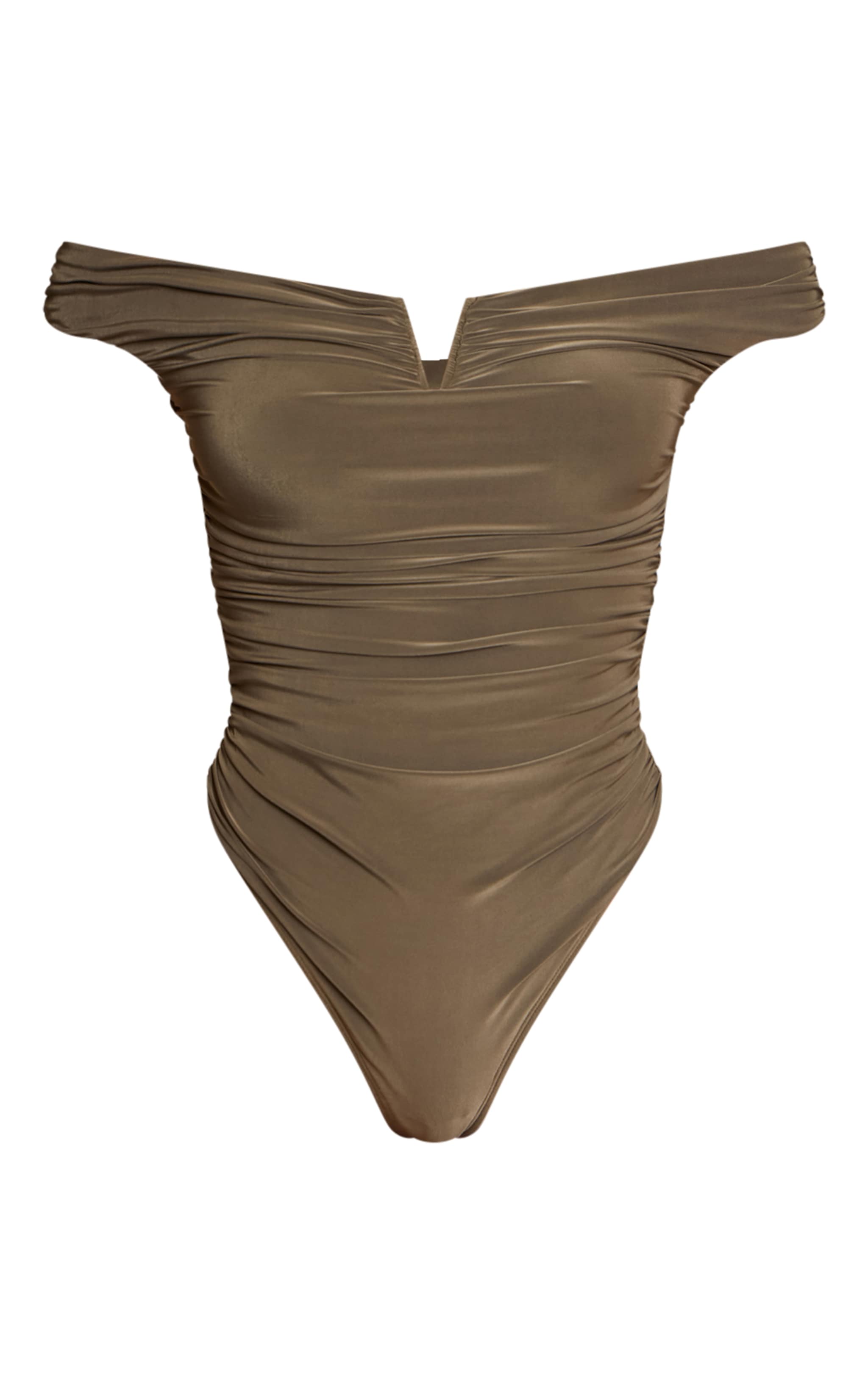 Khaki Double Layer Slinky Extreme Ruch Detail Bodysuit image 5