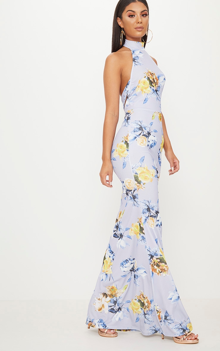 Dusty Blue Floral Print Cross Back High Neck Maxi Dress PrettyLittleThing
