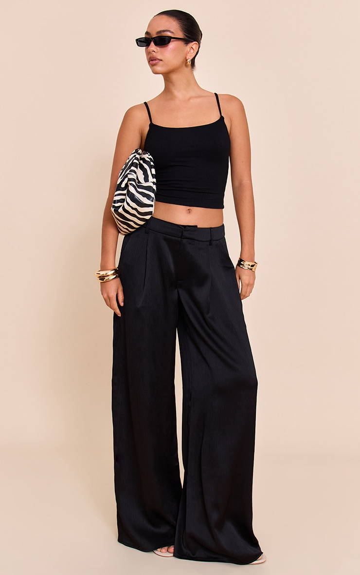 Black Textured Satin Double Pleat Wide Leg Pant image 1