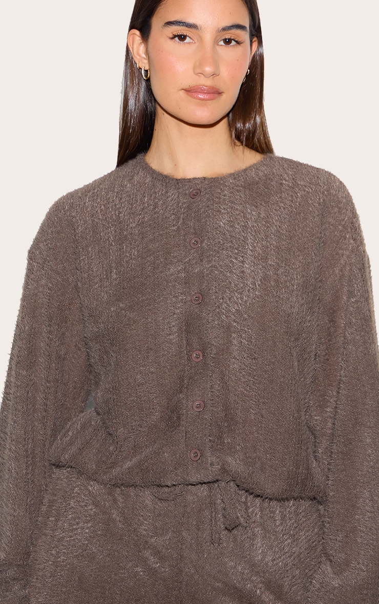 Brown Textured Button Up Long Sleeve Cardigan image 4