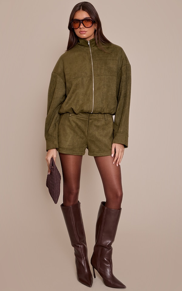 Khaki Faux Suede Tailored Shorts